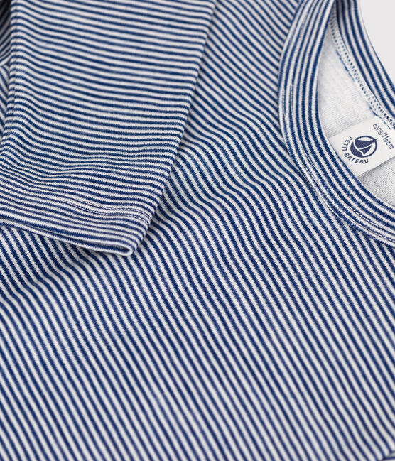 Tee-shirt manches longues milleraies petite fille/petit garçon  en laine et coton bleu MEDIEVAL/blanc MARSHMALLOW