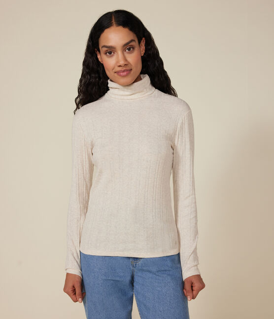Tee-shirt l'iconique col roulé en côte fantaisie femme beige MONTELIMAR CHINE
