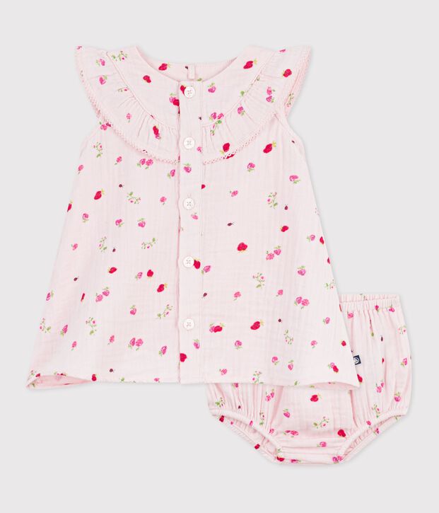Robe b&eacute;b&eacute; en coton avec son bloomer, imprim&eacute;s fleurs rose/multicouleur