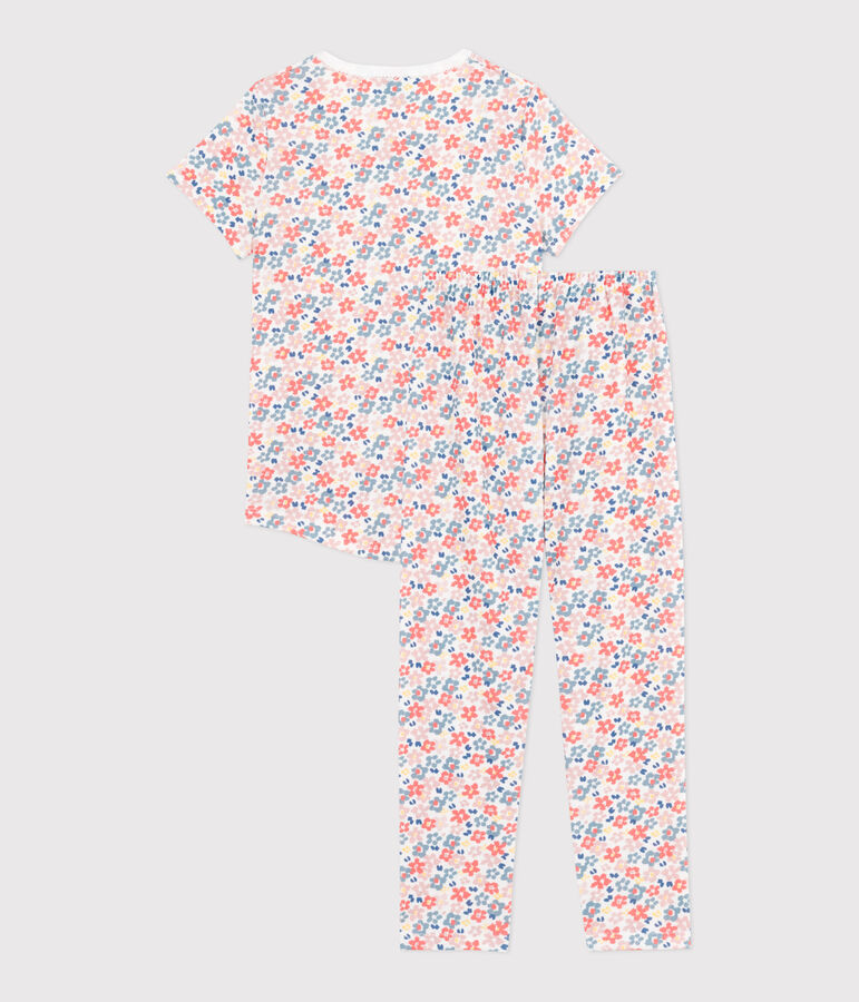 Pyjama enfant en coton manches courtes et jambes longues imprim&eacute; blanc MARSHMALLOW/blanc MULTICO