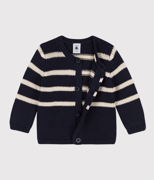 Cardigan b&eacute;b&eacute; en tricot de coton ray&eacute; bleu/&eacute;cru