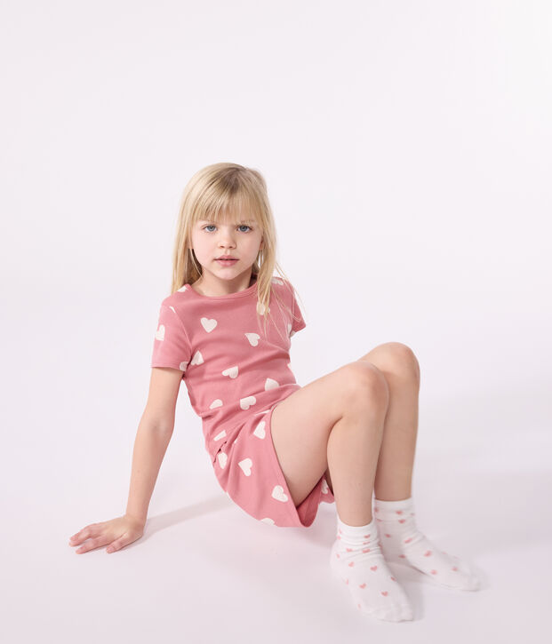 Pyjama short enfant en coton coeurs rose/blanc