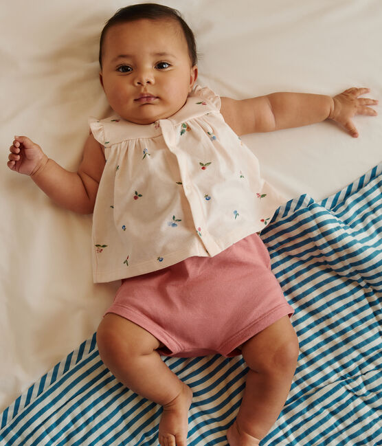 Ensemble naissance deux pièces en coton avec blouse volanté rose FLEUR/blanc MULTICO