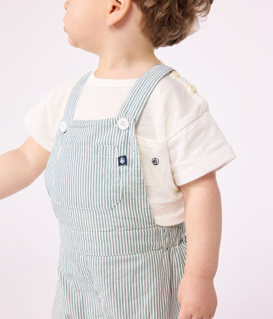 Salopette bébé en coton jambes courtes, rayée blanc MARSHMALLOW/bleu BRUT