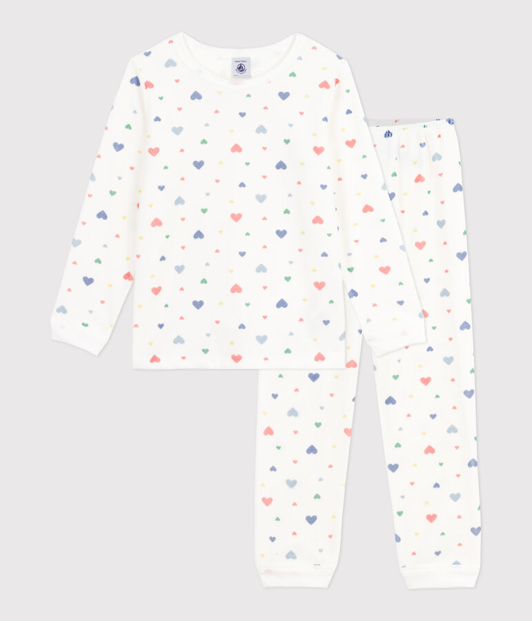 Pyjama enfant en velours imprim&eacute; c&oelig;urs blanc MARSHMALLOW/blanc MULTICO