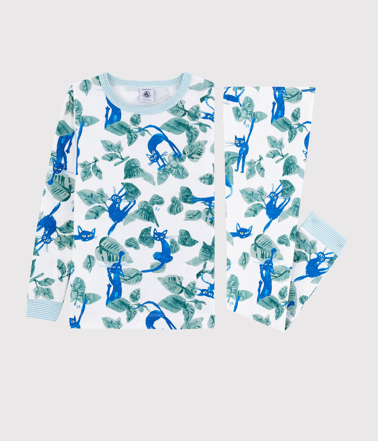 Pyjama snugfit imprim&eacute; chat petit gar&ccedil;on en coton blanc MARSHMALLOW/blanc MULTICO