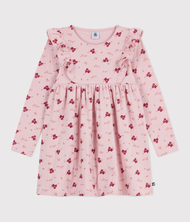 Robe enfant manches longues en coton rose/multicouleur