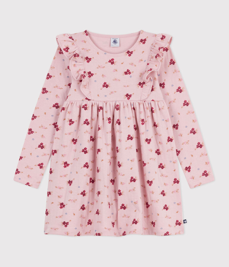Robe enfant manches longues en coton rose JOLI/blanc MULTICO