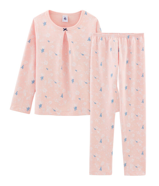 Pyjama rose à imprimé pingouin petite fille en jersey double face rose MINOIS/blanc MULTICO