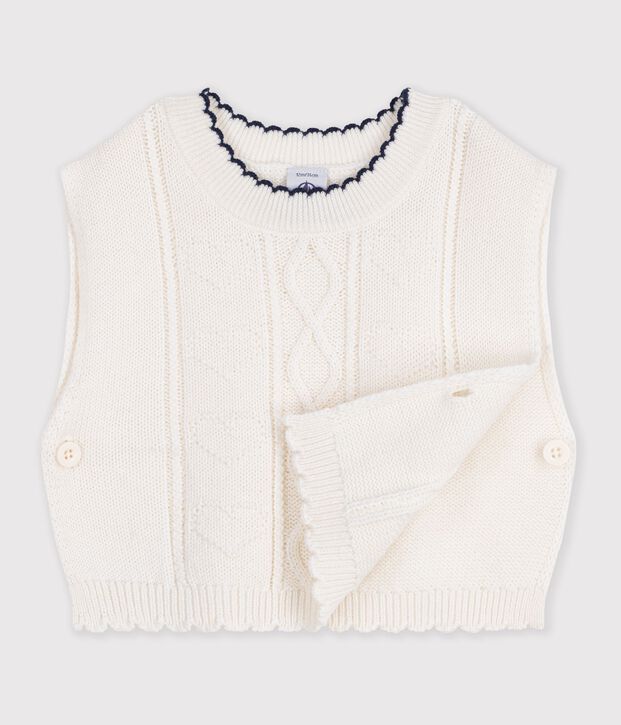 Pull b&eacute;b&eacute; en tricot laine et coton sans manches blanc