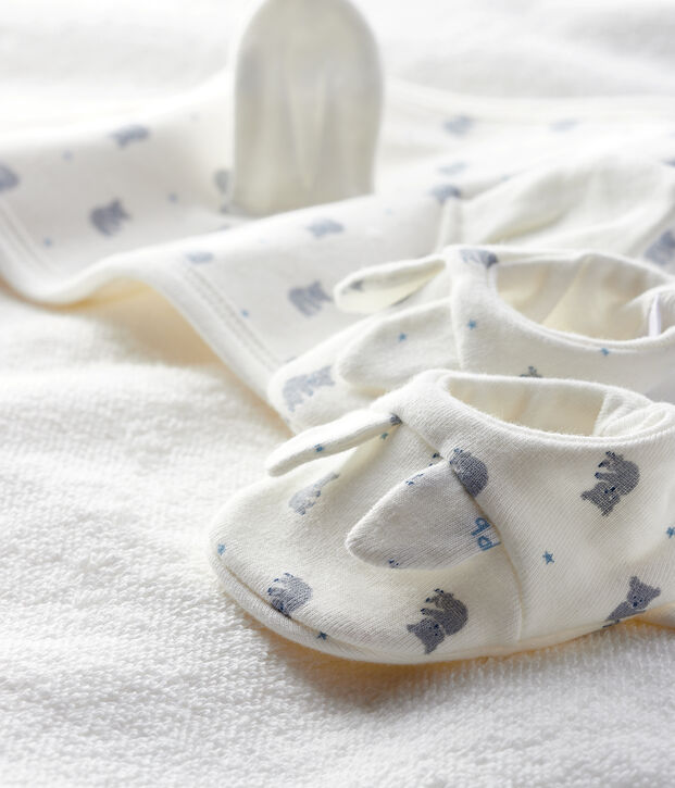 Coffret carr&eacute; de bain et chaussons b&eacute;b&eacute; en &eacute;ponge et coton biologique blanc/gris/multicouleur