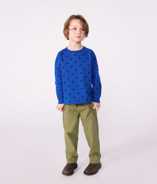 Tee-shirt enfant manches longues en coton imprim&eacute; bleu/bleu
