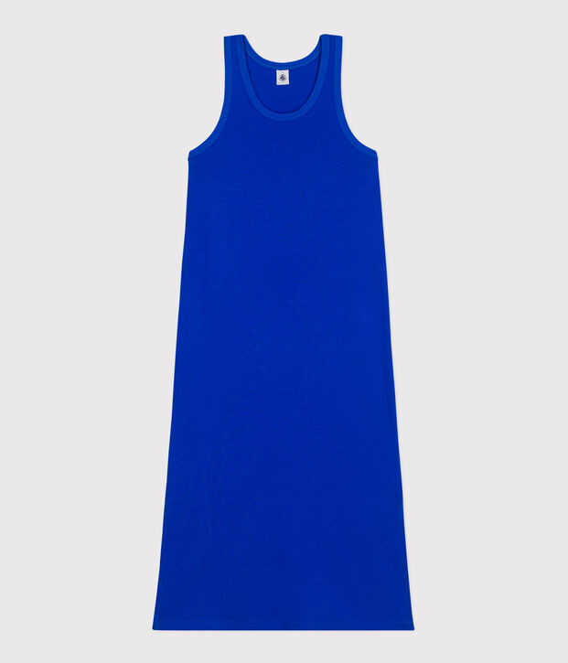 Robe d&eacute;bardeur longue femme en coton bleu vif