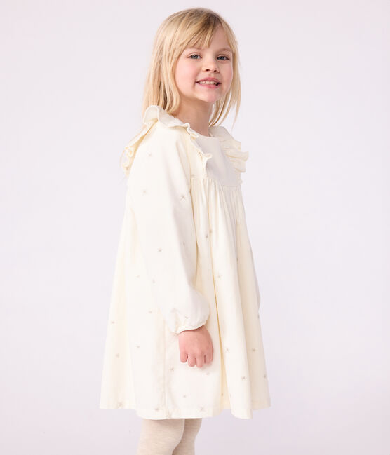 Robe enfant manches longues en velours unie écru MILK/ ARGENT