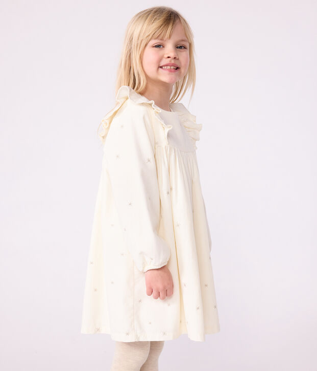 Robe enfant manches longues en velours unie &eacute;cru/gris