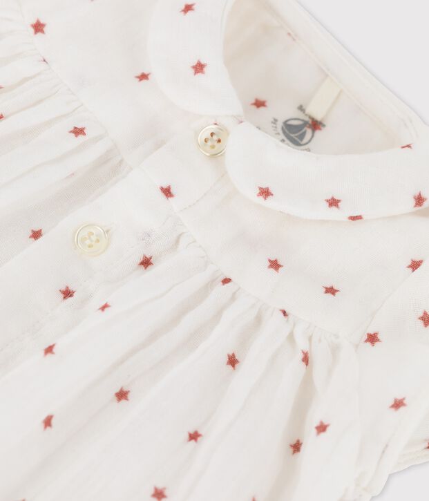 Robe manches courtes en gaze de coton bio b&eacute;b&eacute; blanc/marron