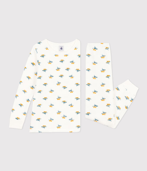 Pyjama fleur petite fille en bouclette &eacute;ponge blanc/multicouleur