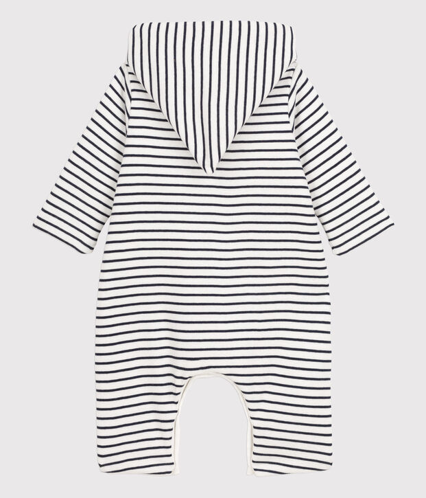 Combinaison longue ray&eacute;e marini&egrave;re &agrave; capuche b&eacute;b&eacute; en coton blanc/bleu