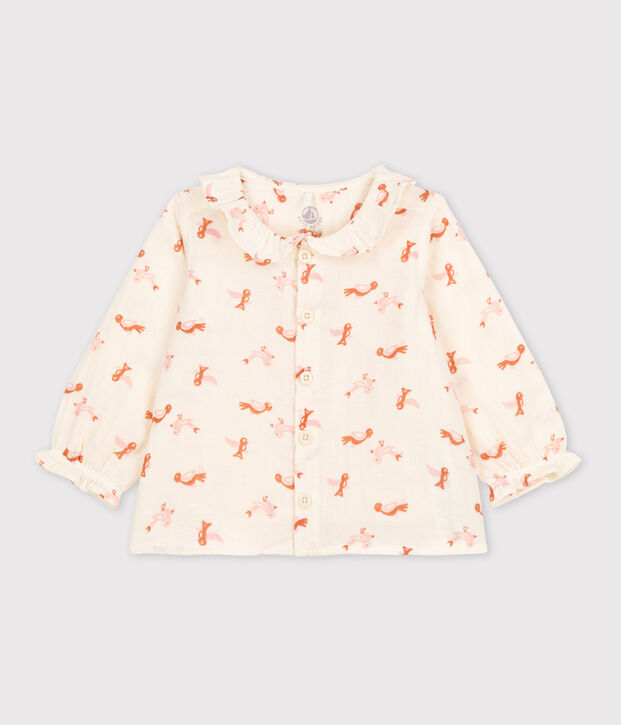 Blouse b&eacute;b&eacute; imprim&eacute;e oiseaux en gaze de coton &eacute;cru/multicouleur