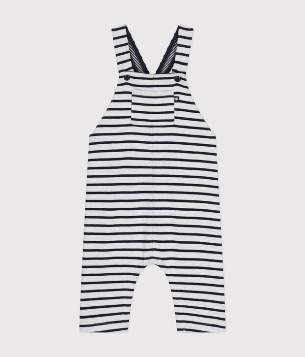 Salopette longue en double jersey ray&eacute;e b&eacute;b&eacute; blanc/bleu