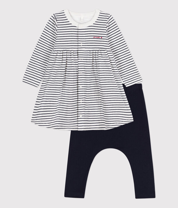 Robe marini&egrave;re et legging en coton b&eacute;b&eacute; blanc/bleu