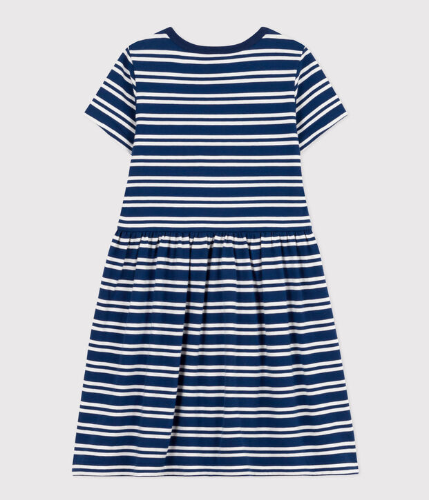 Robe ray&eacute;e manches courtes en coton enfant fille bleu/blanc