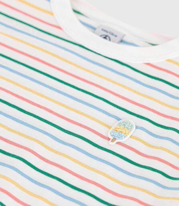 Tee-shirt enfant manches courtes en coton &agrave; rayures blanc/multicouleur