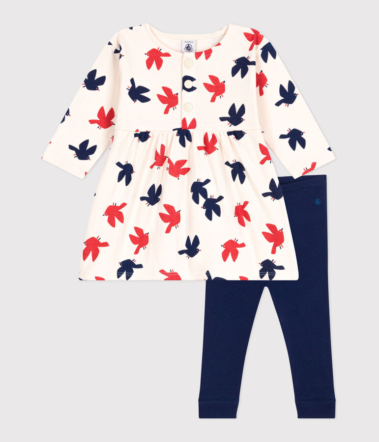 Robe b&eacute;b&eacute; en coton manches longues et legging, imprim&eacute;e oiseaux blanc AVALANCHE/ MULTICO