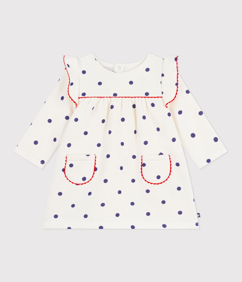 Robe b&eacute;b&eacute; en coton manches longues, imprim&eacute;e pois bleu MILK/ SOIR
