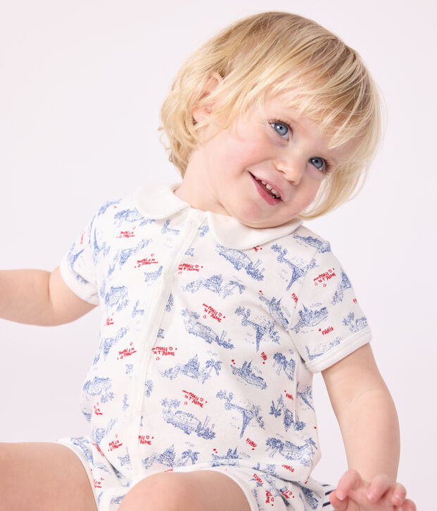 Combinaison courte b&eacute;b&eacute; en coton &agrave; col imprim&eacute; Paris blanc/multicouleur