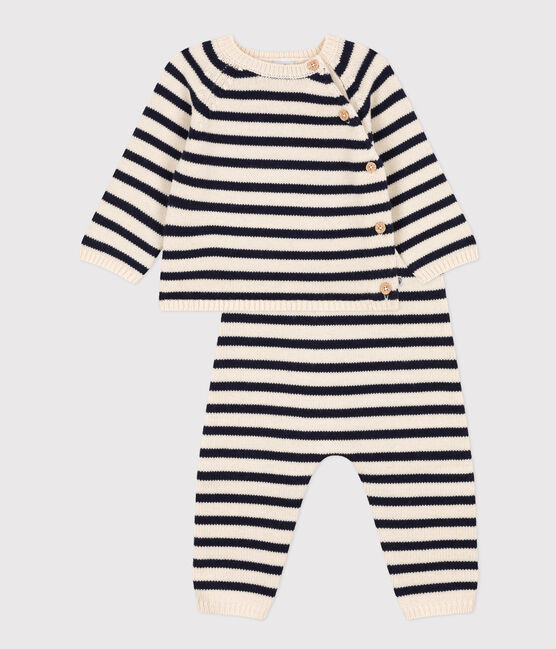 Ensemble en tricot laine et coton rayure marinière bébé blanc AVALANCHE/bleu SMOKING