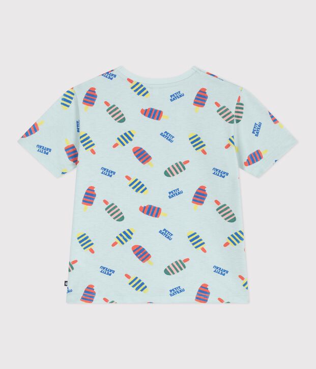 Tee-shirt enfant manches courtes en coton imprim&eacute; mouettes bleu/multicouleur