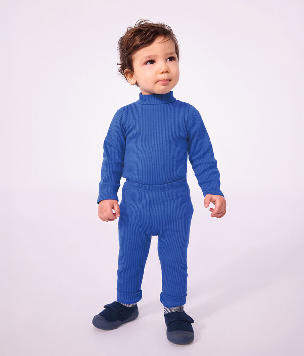 Body b&eacute;b&eacute; col roul&eacute; en coton uni bleu