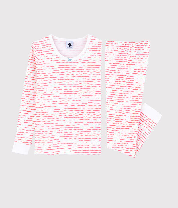 Pyjama snugfit imprim&eacute; vagues roses petite fille en coton blanc/rose