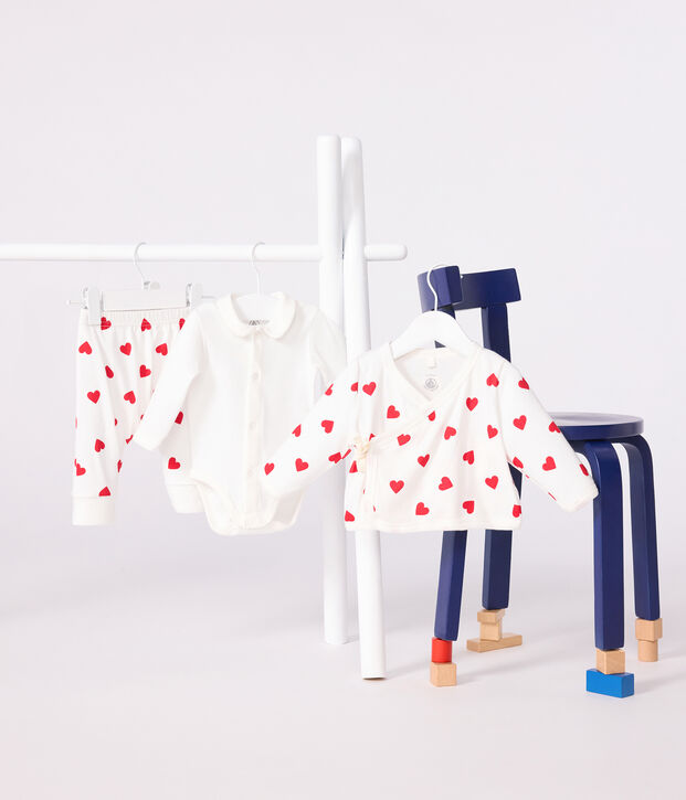 Ensemble b&eacute;b&eacute; 3 pi&egrave;ces cache-coeur imprim&eacute; c&oelig;urs en coton blanc/rouge