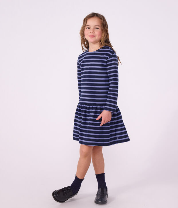 Robe enfant en coton manches longues &agrave; rayures bleu/violet