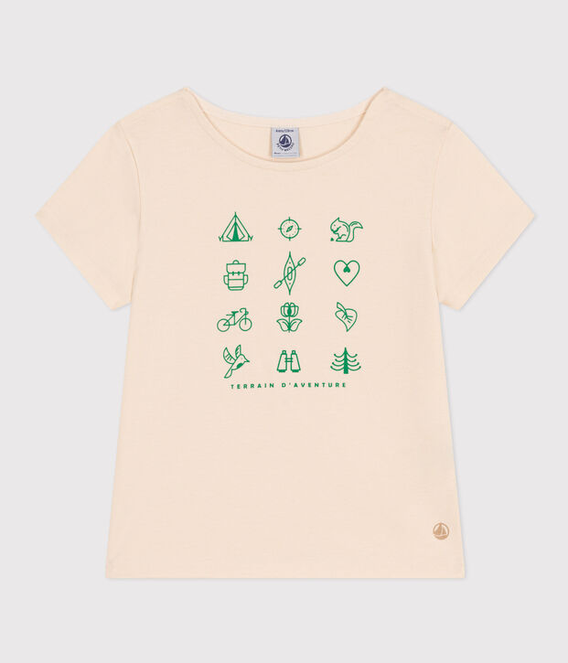 Tee-shirt en jersey l&eacute;ger enfant fille &eacute;cru/vert