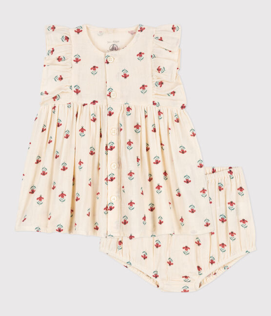 Robe et bloomer imprimés en gaze de coton bébé blanc AVALANCHE/ MULTICO