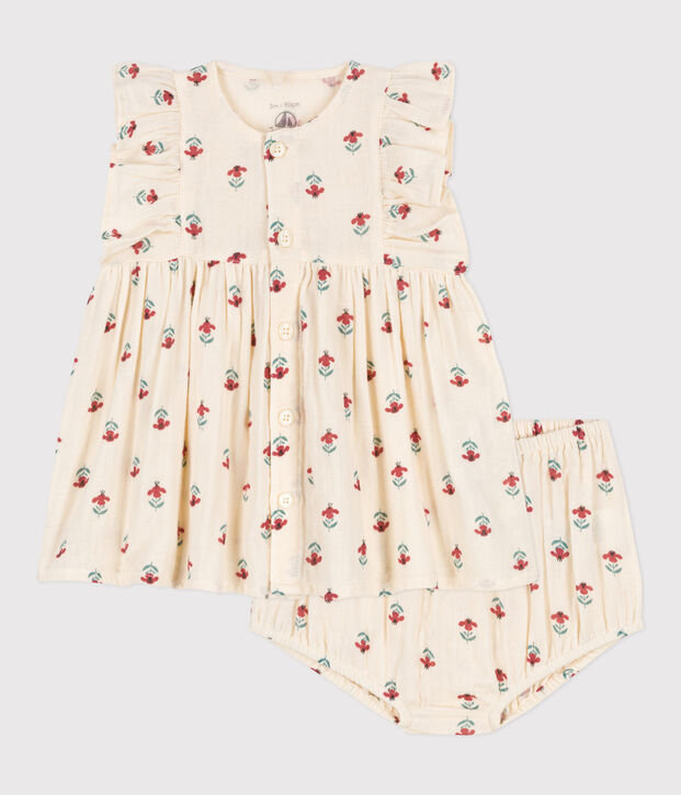 Robe et bloomer imprim&eacute;s en gaze de coton b&eacute;b&eacute; &eacute;cru/multicouleur