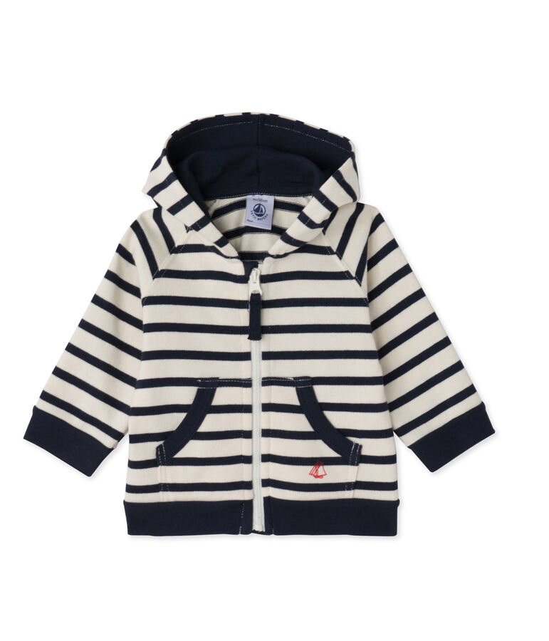 Sweat zipp&eacute; b&eacute;b&eacute; gar&ccedil;on en jersey lourd ray&eacute; beige COQUILLE/bleu SMOKING