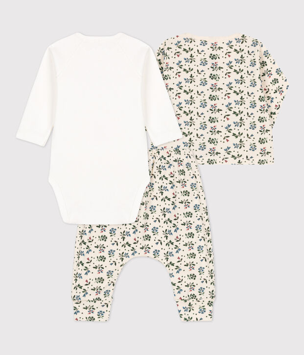 Ensemble 3 pi&egrave;ces b&eacute;b&eacute; en coton imprim&eacute; fleuri &eacute;cru/multicouleur