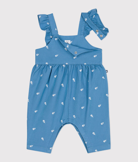 Salopette bébé en coton jambes longues, brodée de fleurs bleu ALASKA/blanc MARSHMALLOW