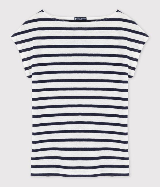 T-shirt femme en lin rayé blanc LAIT/bleu SMOKING