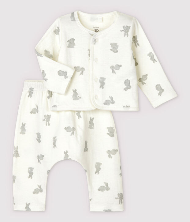 Ensemble 2 pi&egrave;ces blanc &agrave; lapins b&eacute;b&eacute; en tubique en coton biologique blanc/gris