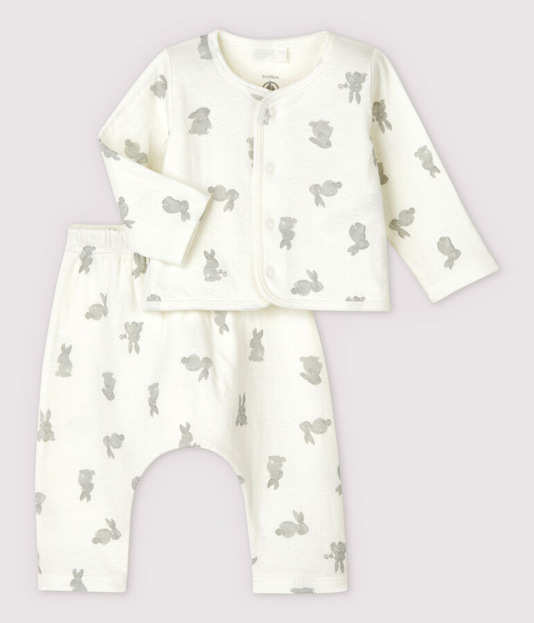 Ensemble 2 pi&egrave;ces blanc &agrave; lapins b&eacute;b&eacute; en tubique en coton biologique blanc MARSHMALLOW/gris GRIS