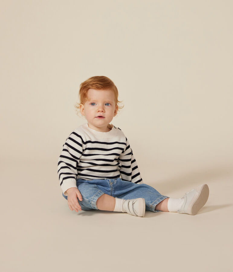 Pull en tricot de laine et coton b&eacute;b&eacute; blanc/bleu
