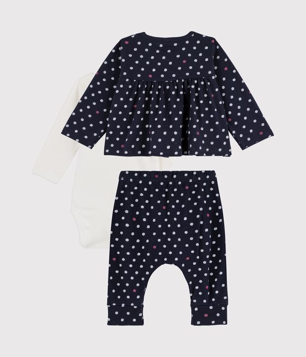 Ensemble 3 pi&egrave;ces b&eacute;b&eacute; fille en c&ocirc;te bleu/blanc/multicouleur