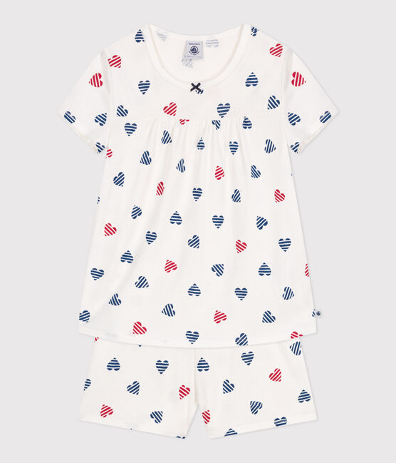 Pyjama short enfant en coton imprimé cœurs blanc MARSHMALLOW/blanc MULTICO