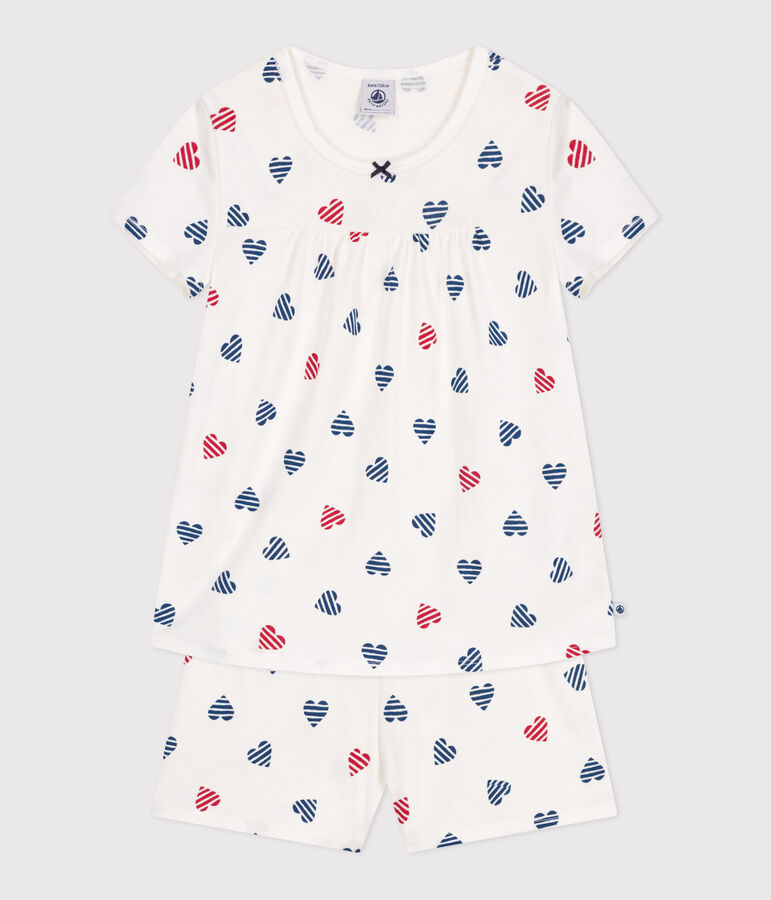 Pyjama short enfant en coton imprim&eacute; c&oelig;urs blanc MARSHMALLOW/blanc MULTICO