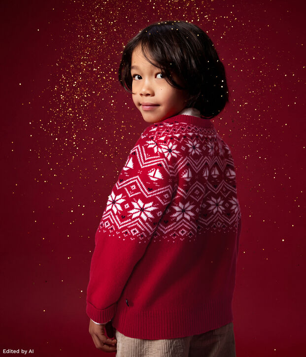 Pull jacquard enfant en laine et coton rouge/multicouleur